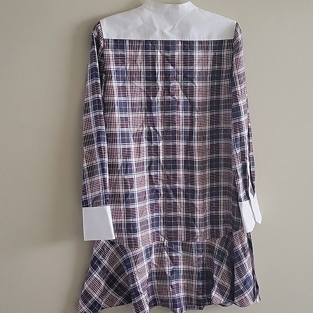 NWT Tory Burch Cora Milano Tartan Silk Mini Brown Blue Shirt Dress Plaid Size 6